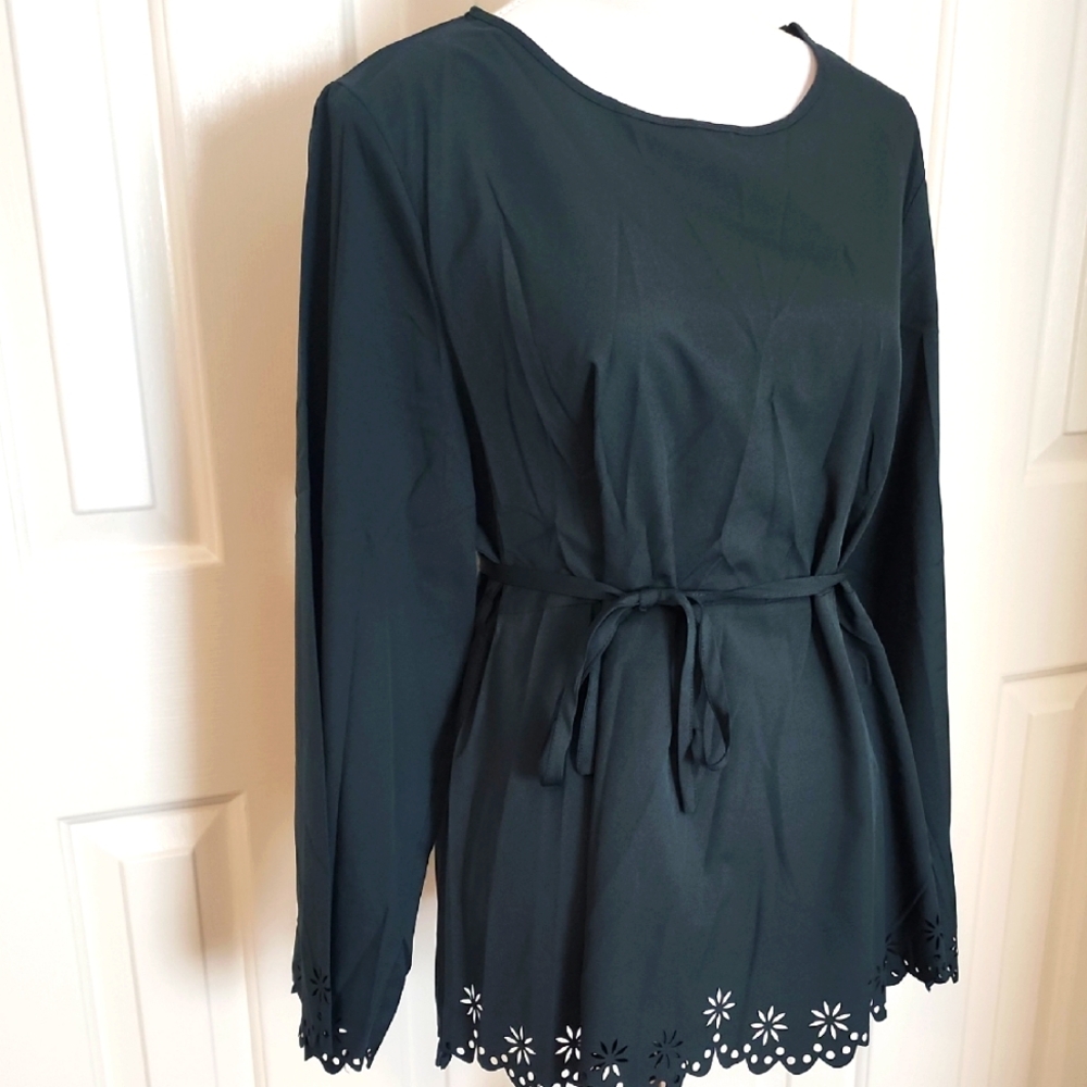 Dark Green Long Sleeve Tie Front Blouse